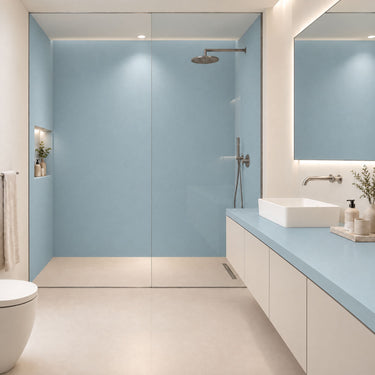 Celestial matte Silk interieurfolie als douchewand en badmeubel in badkamer
