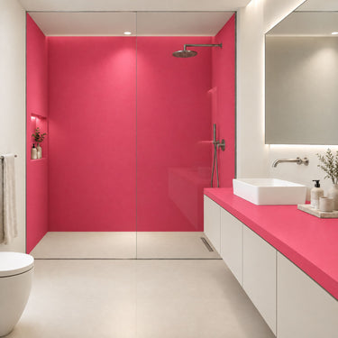 Guava matte interieurfolie als douchewand en badmeubel in badkamer